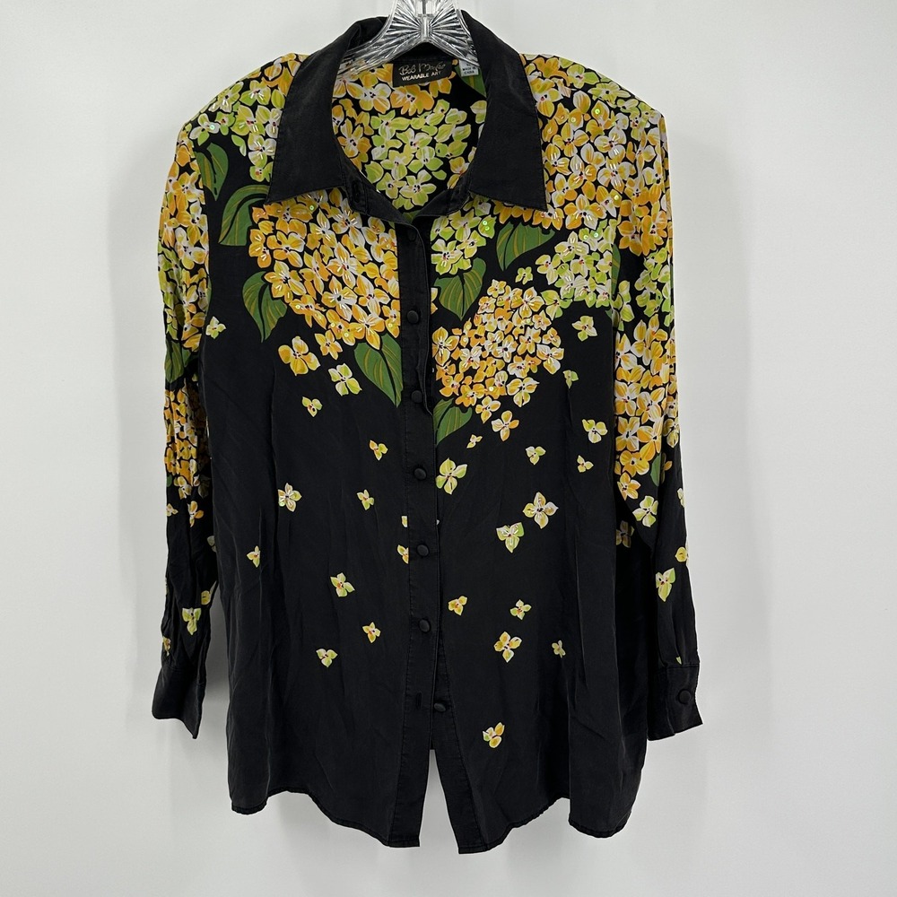 Bob Mackie Wearable Art Womens Quiet Luxury‎ Silk Top Size 1X Floral Art Deco